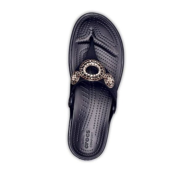 Crocs Sanrah Diamante Embellished Black/Rose Gold Wedge Flip Sandal Women's 6 w - Picture 4 of 14